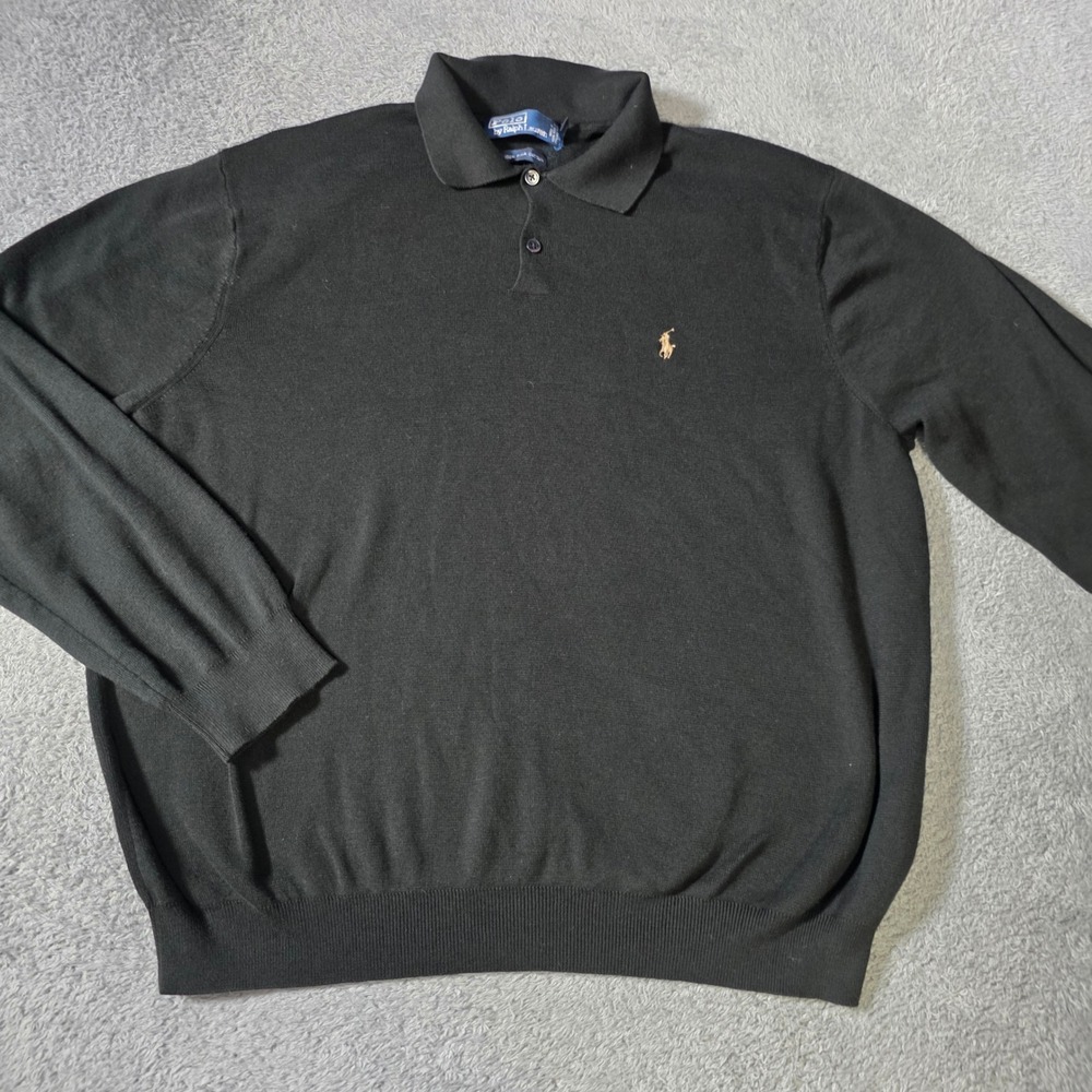 Polo Ralph Lauren Mens XXL Sweater Black Pima Cotton Long Sleeve Polo Collar Log
